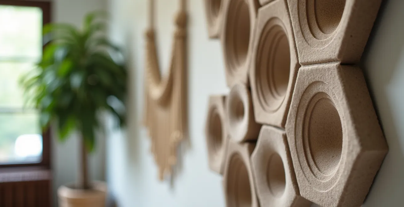 Living room with high ceilings featuring acoustic design elements