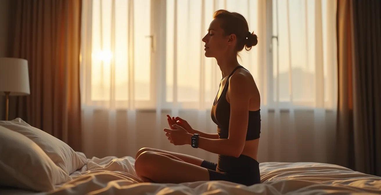 Athlete sitting on edge of bed in morning light checking recovery metrics