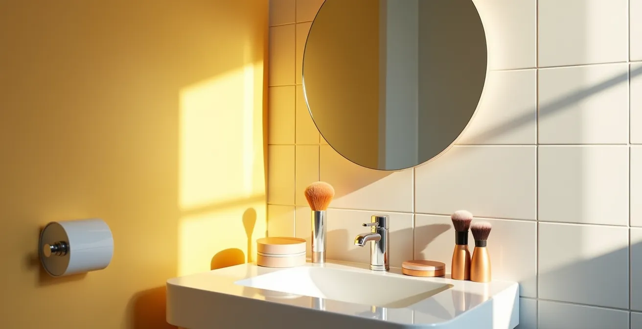 A split-screen image showing makeup applied under warm, shadowy bathroom light versus clean, neutral daylight.