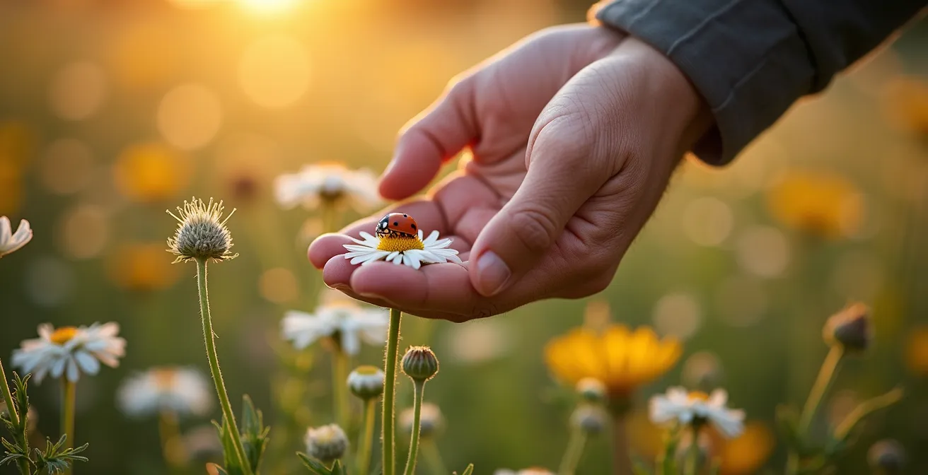 Native flowering plants attracting pollinators and beneficial insects in a layered garden design
