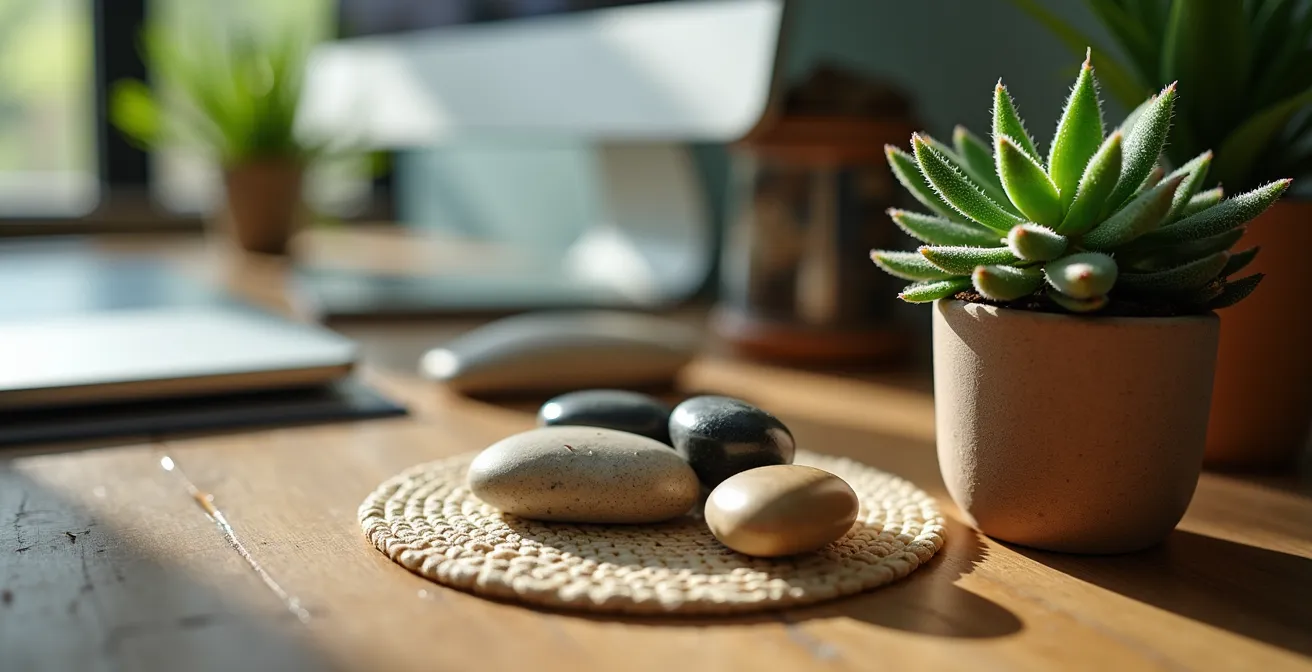 Home office corner with plants, natural wood desk, and designated no-tech reading area