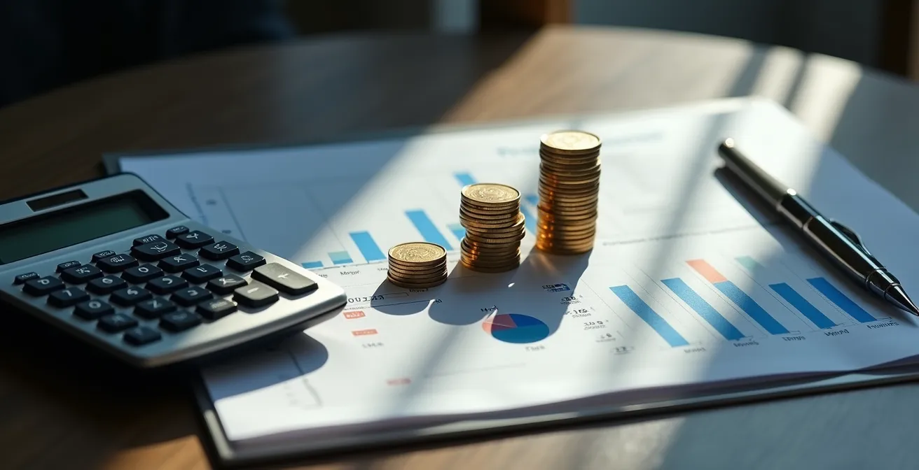 Financial planner reviewing multiple budget scenarios with calculator and charts