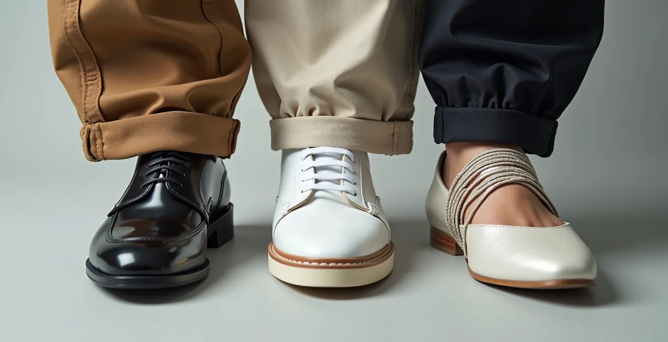 Close-up detail of cargo pants styled with various modern shoe options showing texture contrasts