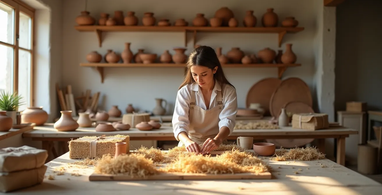 Artisan carefully packing handmade ceramics in sustainable materials in a traditional workshop