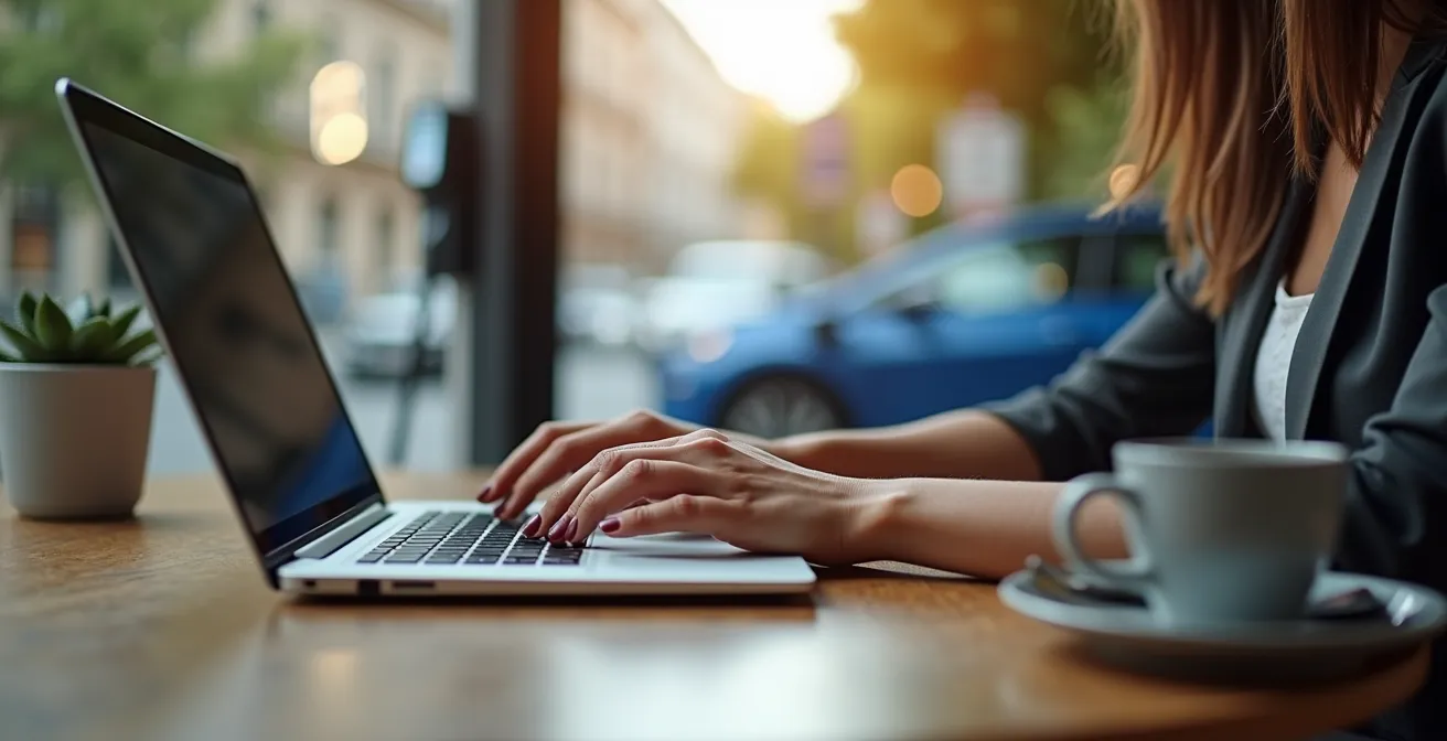 Professional working on laptop at coffee shop table while EV charges outside
