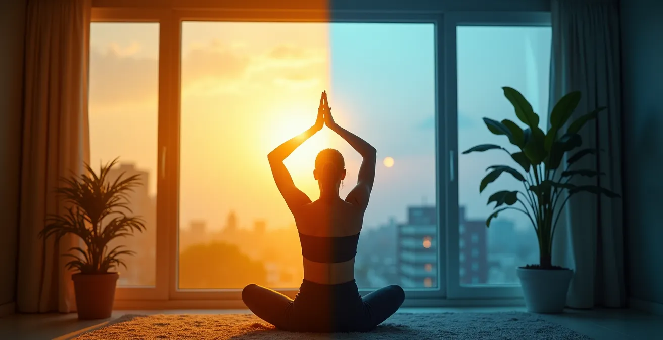 Person experiencing morning sunlight through window with sleep tracking devices nearby