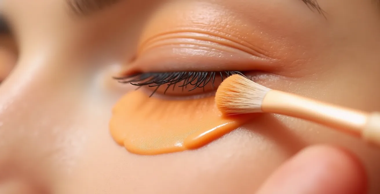 Extreme close-up of a peachy color corrector being delicately patted onto the under-eye area with a small brush.