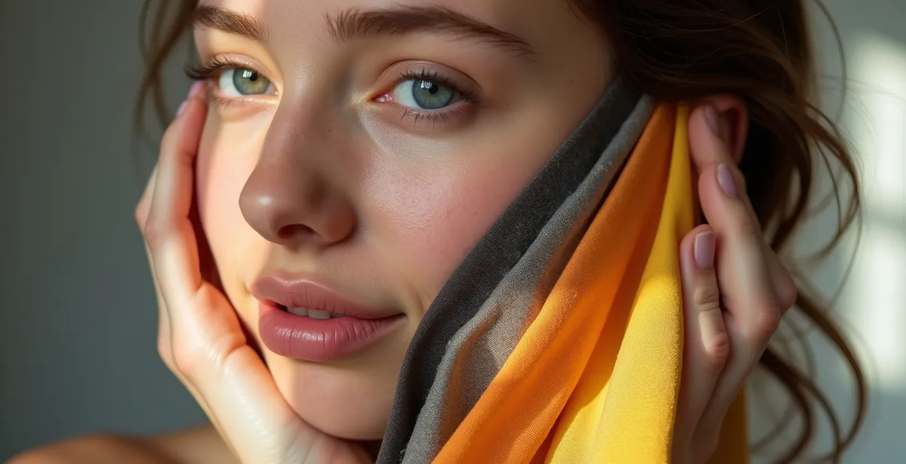 Person holding different colored fabric swatches near their face in natural light