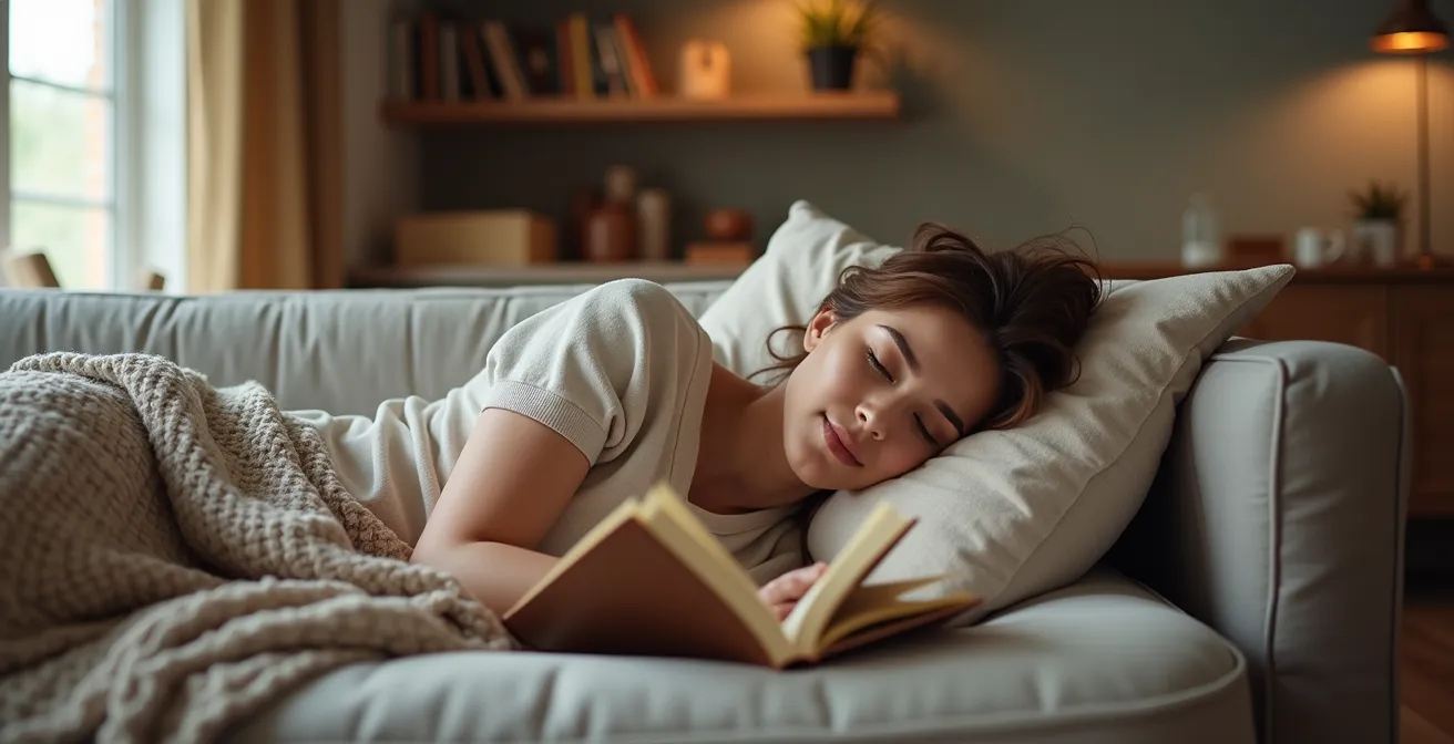 Modern sofa bed transformed into sleeping position with layered bedding in small apartment