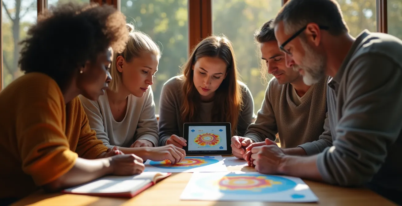 Diverse community members gathered around a table reviewing air quality data maps