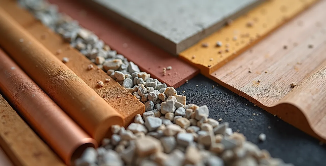 An organized construction site with materials like wood, pipes, and insulation neatly arranged, next to detailed planning documents and blueprints.