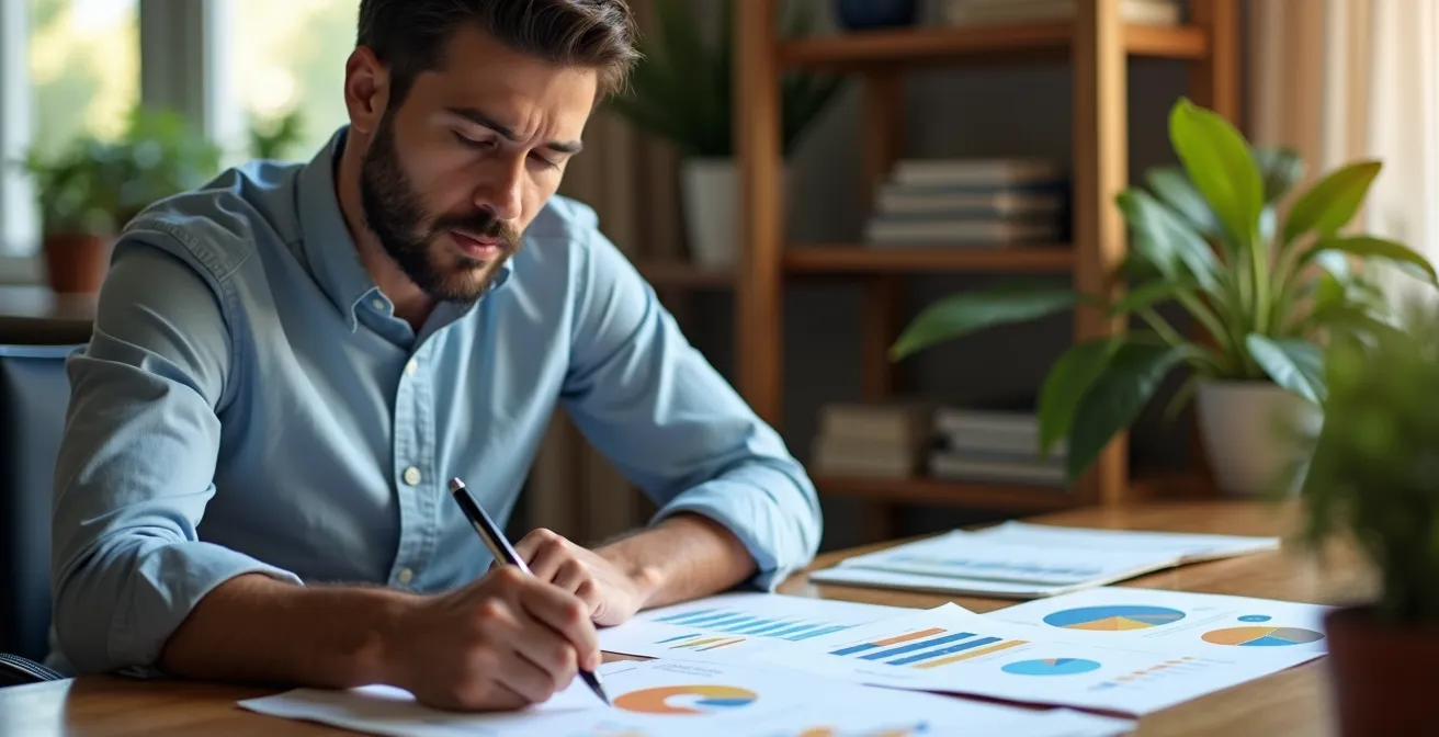 Person analyzing credit report with improvement strategies and timeline charts