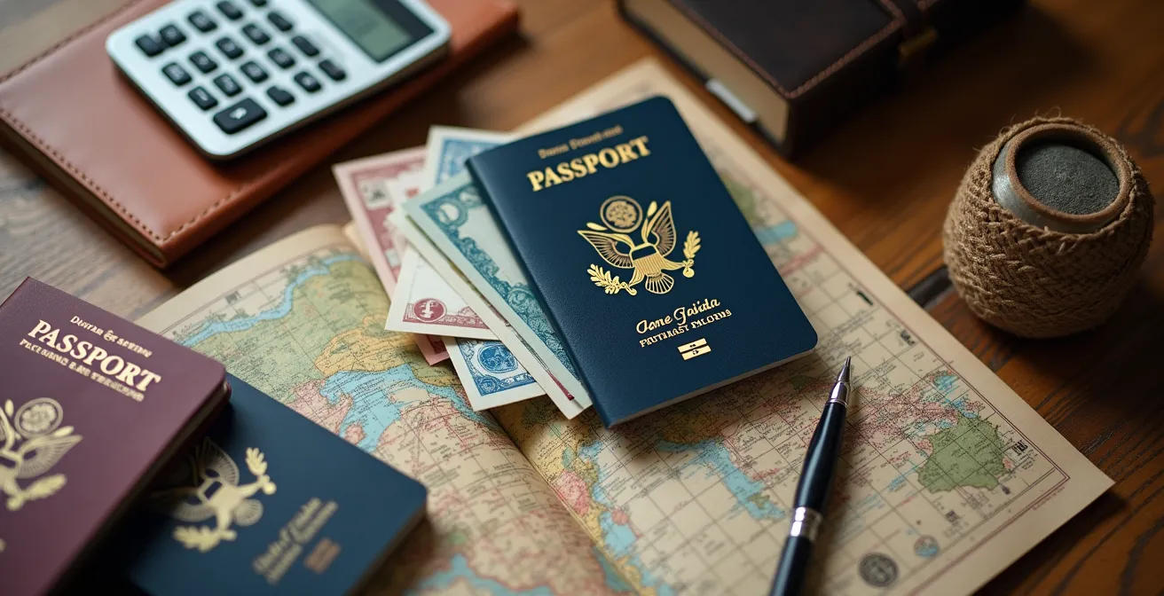 Overhead view of travel planning materials and financial documents on wooden desk