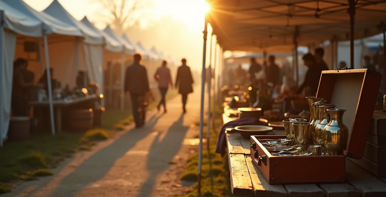 Atmospheric wide shot of a bustling flea market in early morning light with vendors setting up vintage treasures