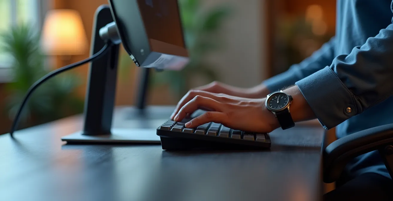 Close-up of ergonomic desk setup showing adjustable monitor arm and keyboard positioning