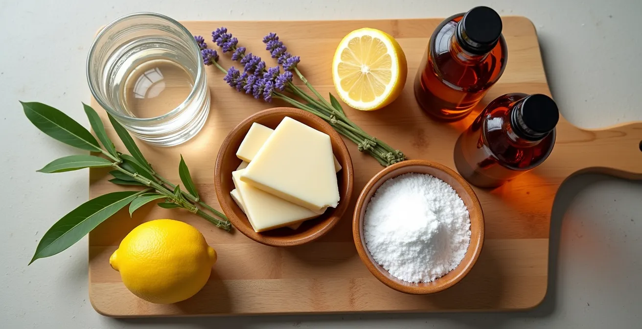 Overhead view of glass bottles with natural cleaning ingredients and fresh herbs arranged on wooden surface