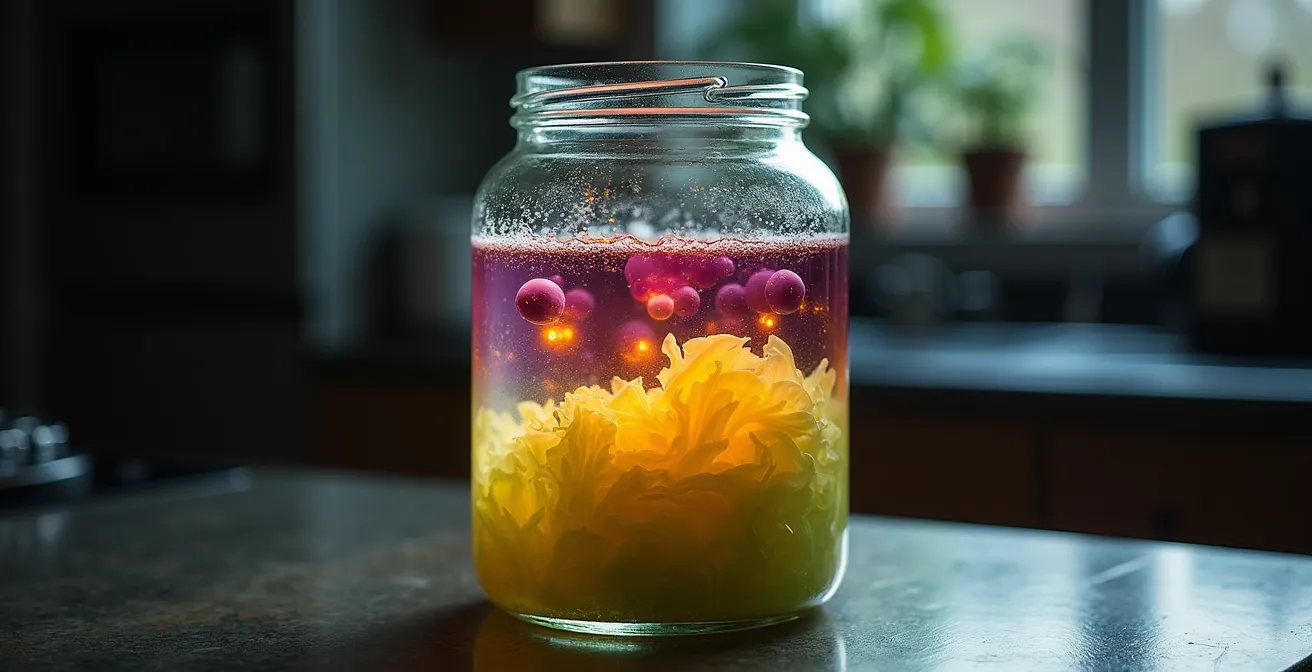 Time-lapse visualization of sauerkraut fermentation showing bacterial succession in a glass jar