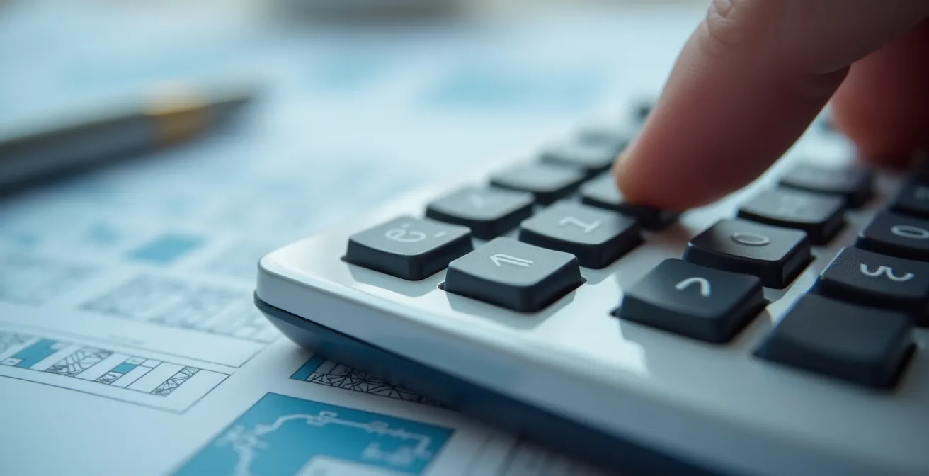 Investor analyzing rental property financial metrics with calculator and documents