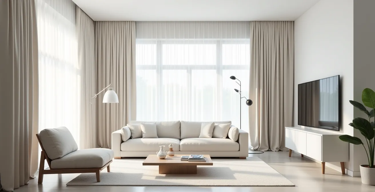 Living room showing strategic furniture placement with clear pathways and vertical elements