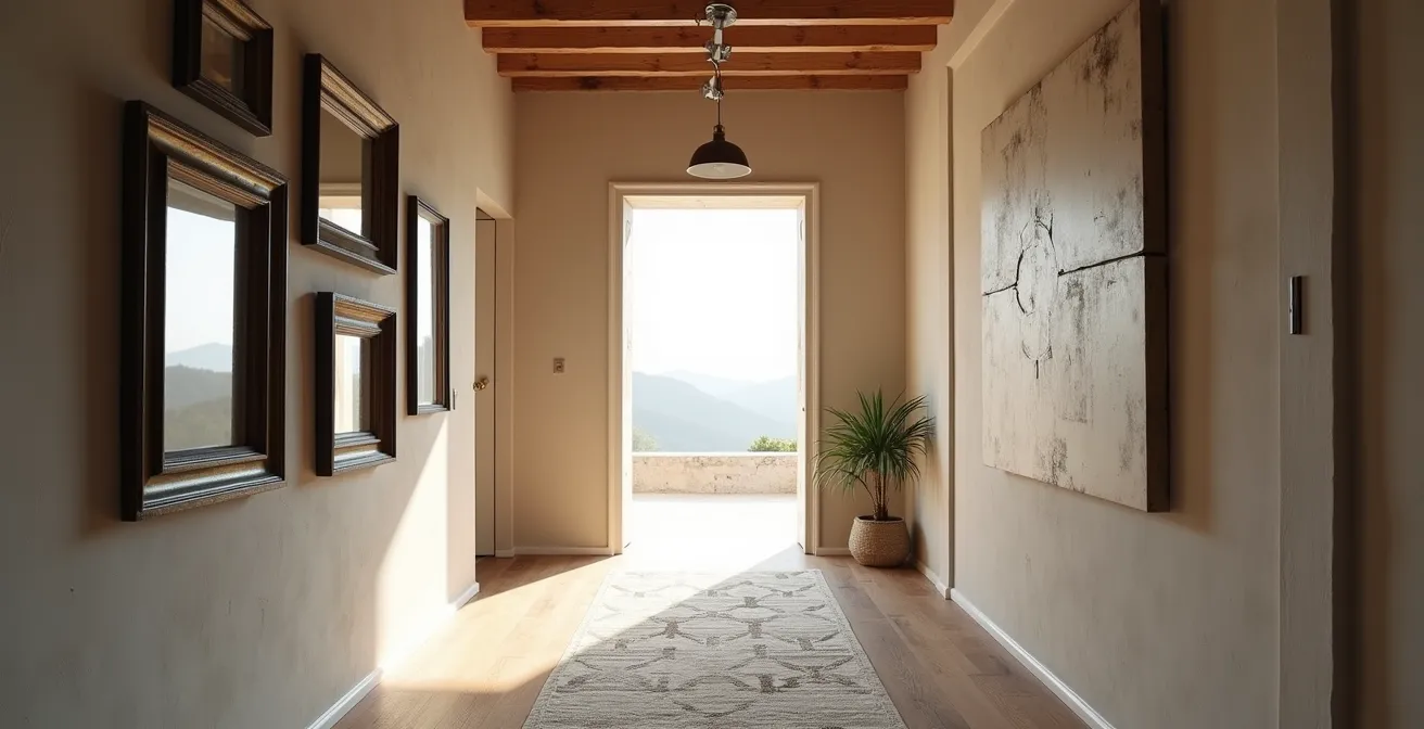 Long narrow hallway showcasing both gallery wall and large canvas art options