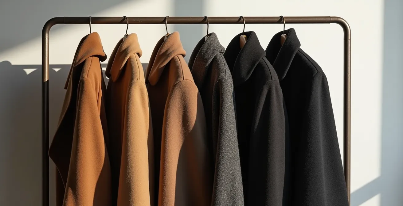 Collection of luxury vintage winter coats arranged by color gradient