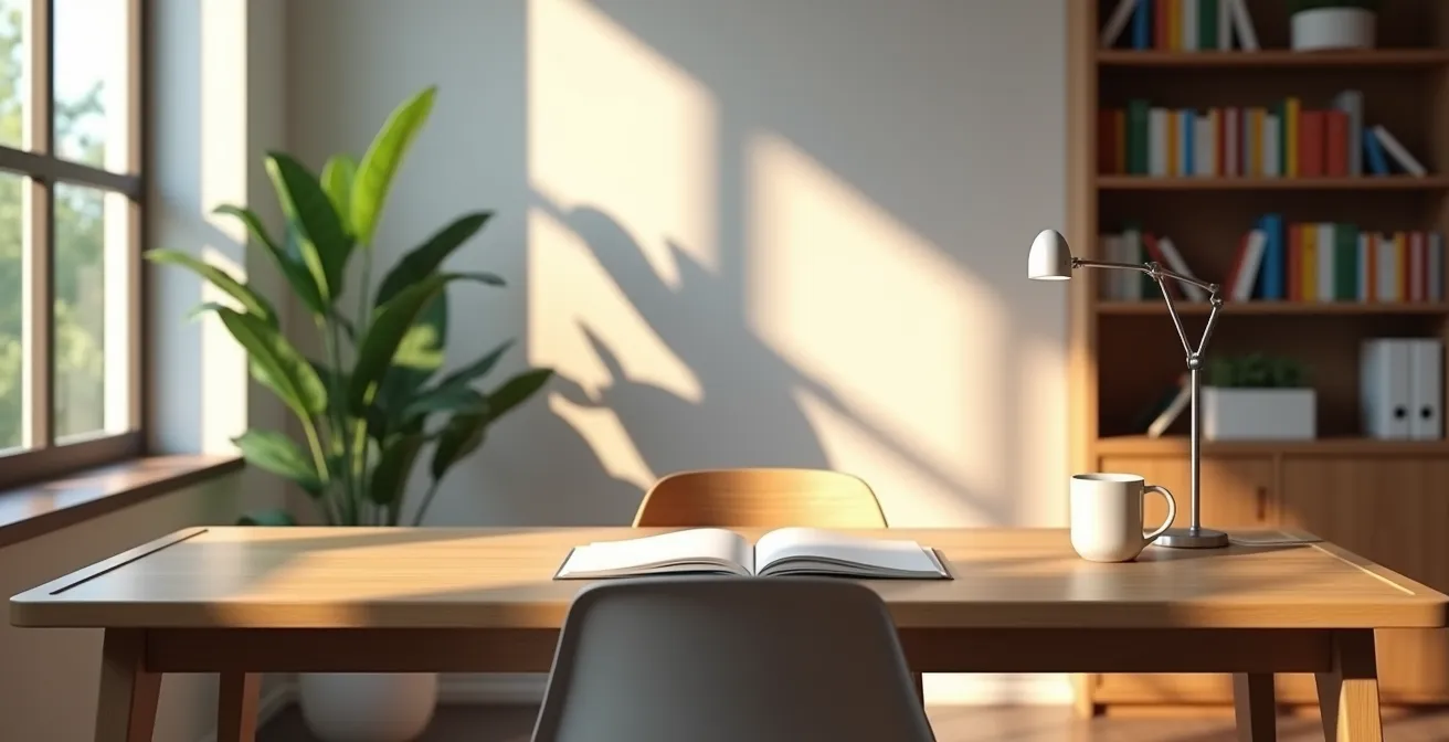 Well-lit home office with multiple light sources creating an optimal work environment