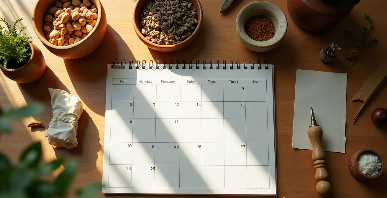 A home workspace arranged with traditional craft materials and tools brought from travels