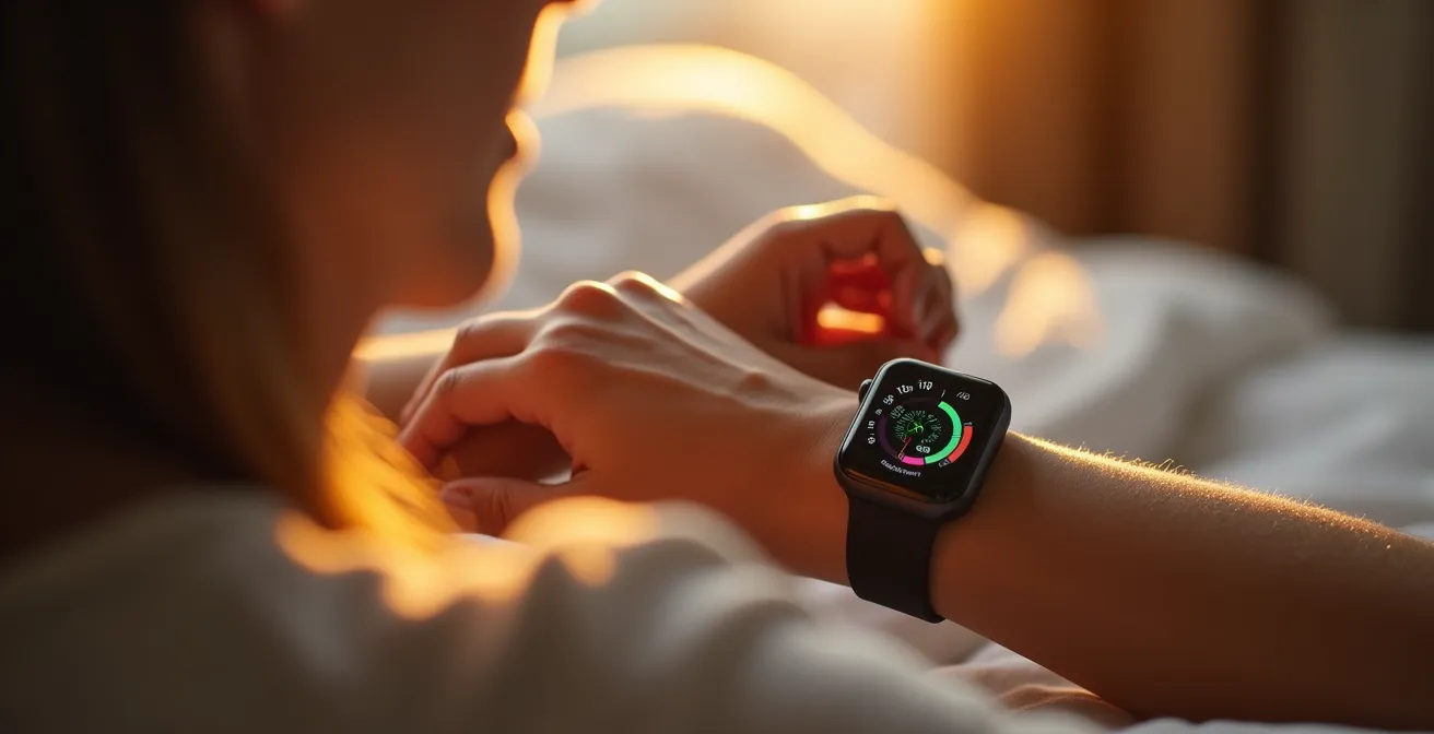 Close-up of person checking HRV data on smartwatch with morning light
