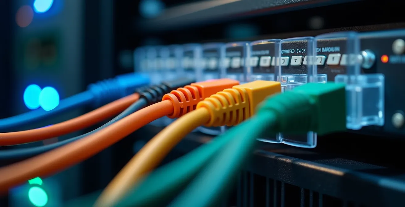 Network diagram visualization showing separated VLANs with color-coded cable arrangements
