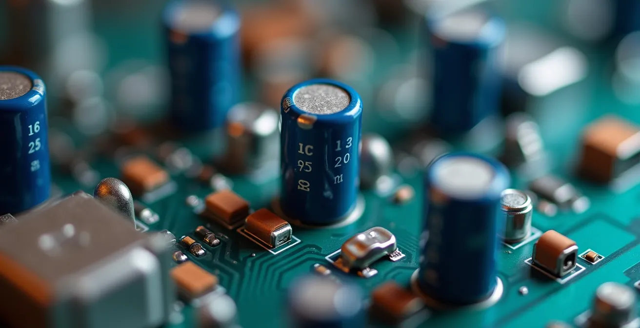 Extreme close-up of LED dimmer switch internal components showing trailing-edge technology