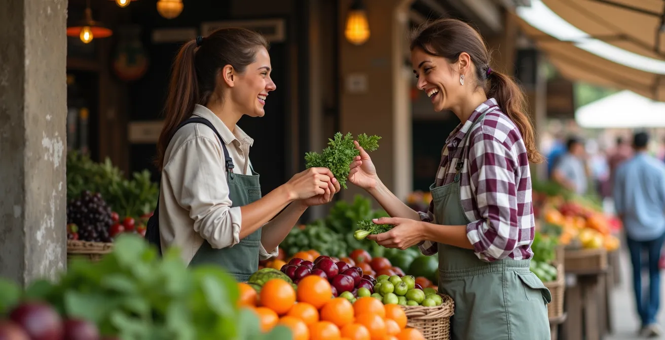 Traveler engaging with a local vendor at a traditional market about ingredients and food.