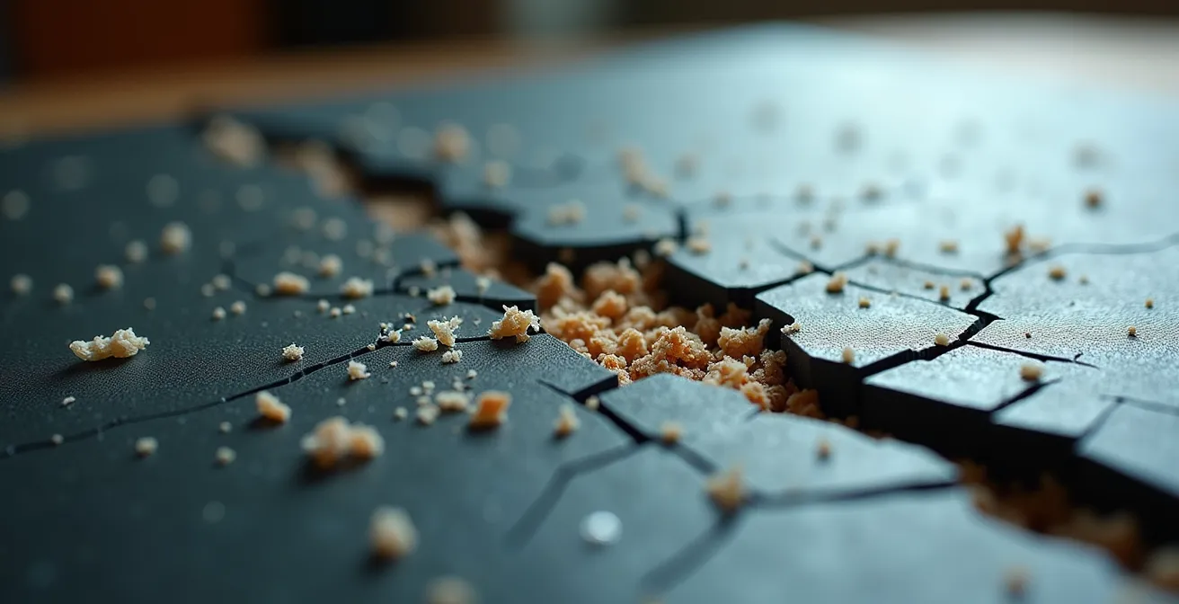 Extreme close-up of knife scores on plastic cutting board showing microplastic fragments