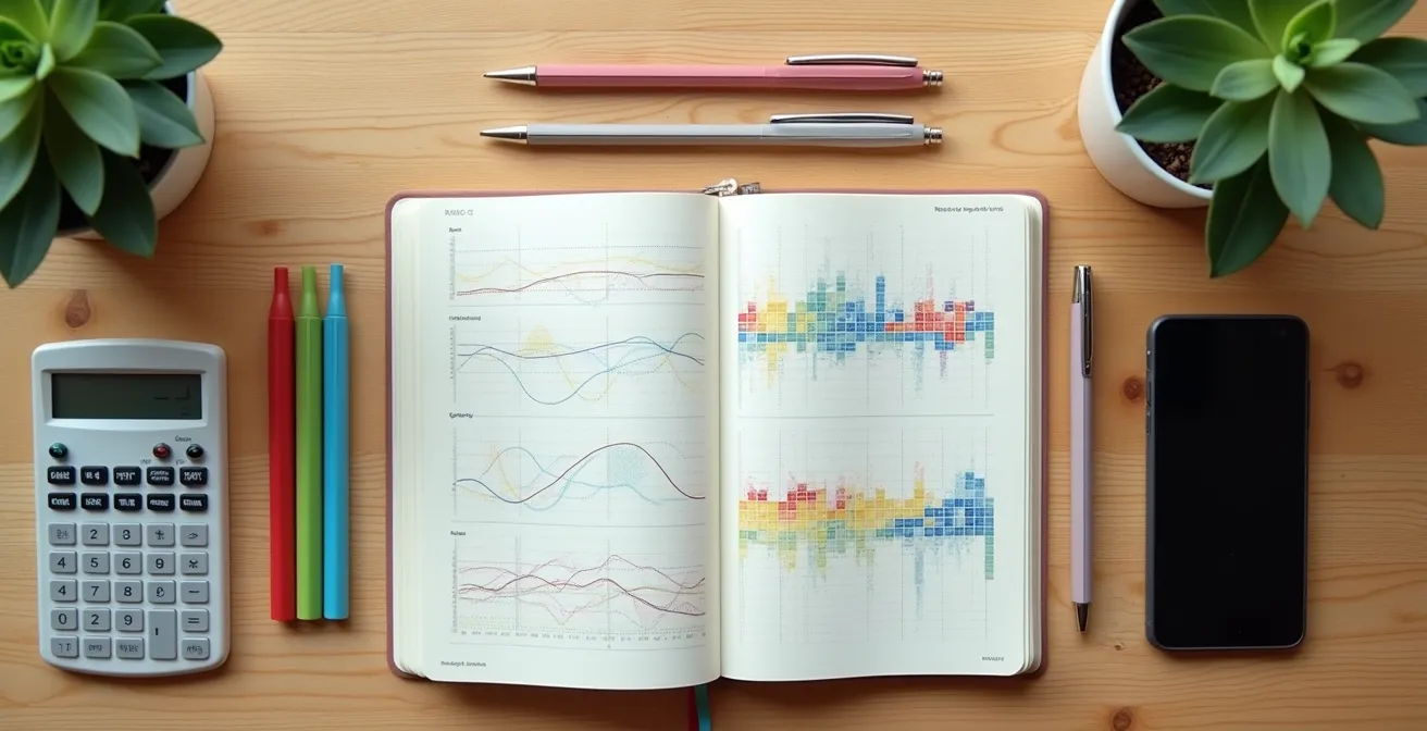 Overhead view of organized medical journal with graphs and charts on wooden desk