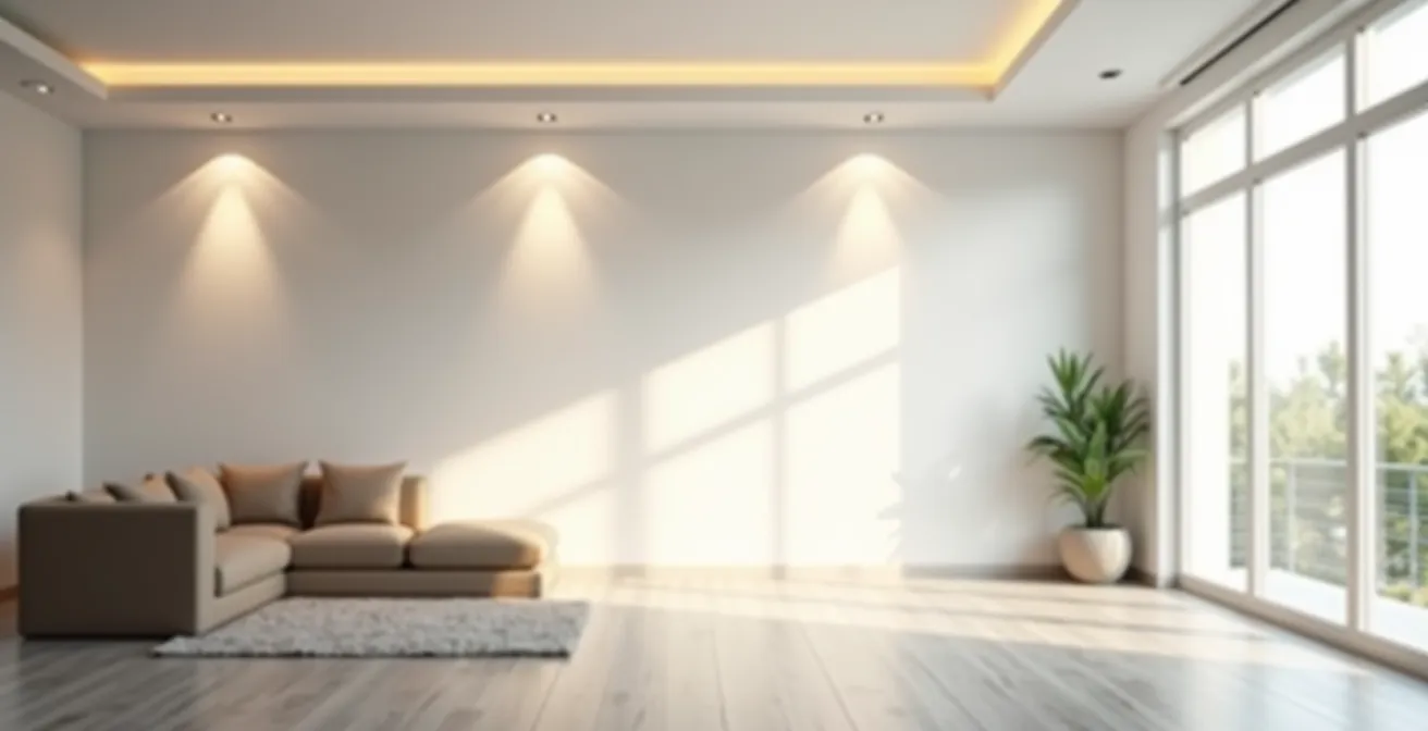 Wide angle view of minimalist room showing proper recessed lighting placement with wall washing effect