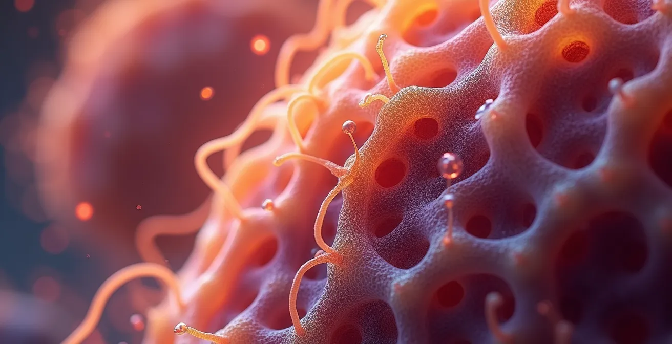 Extreme close-up of mitochondrial structures showing interconnected network within muscle cells