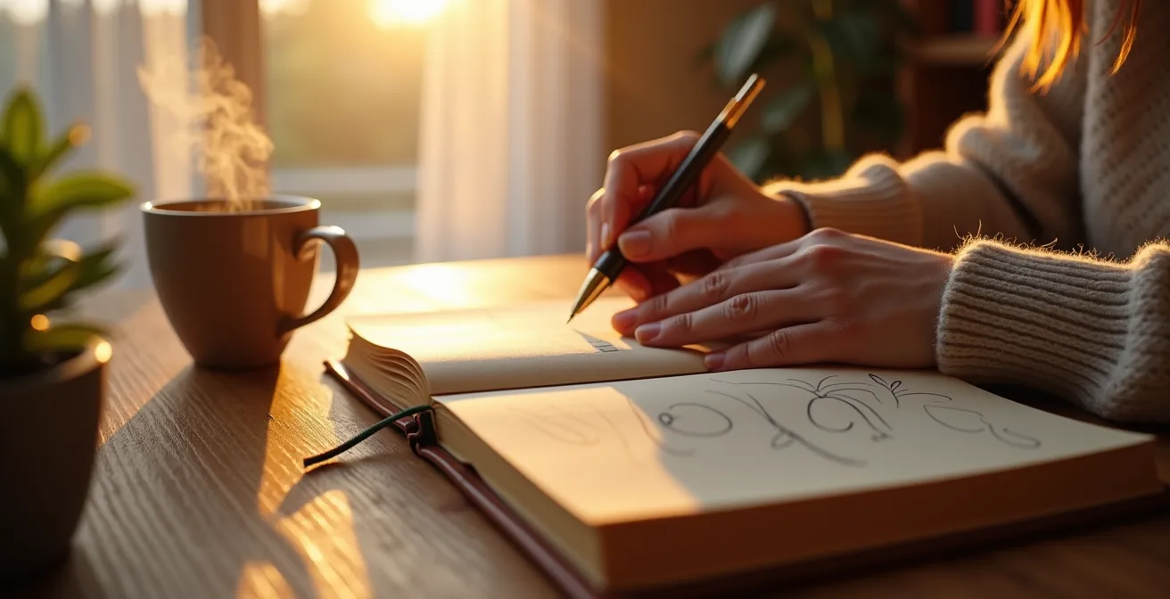 Person writing in journal by window with morning sunlight streaming in