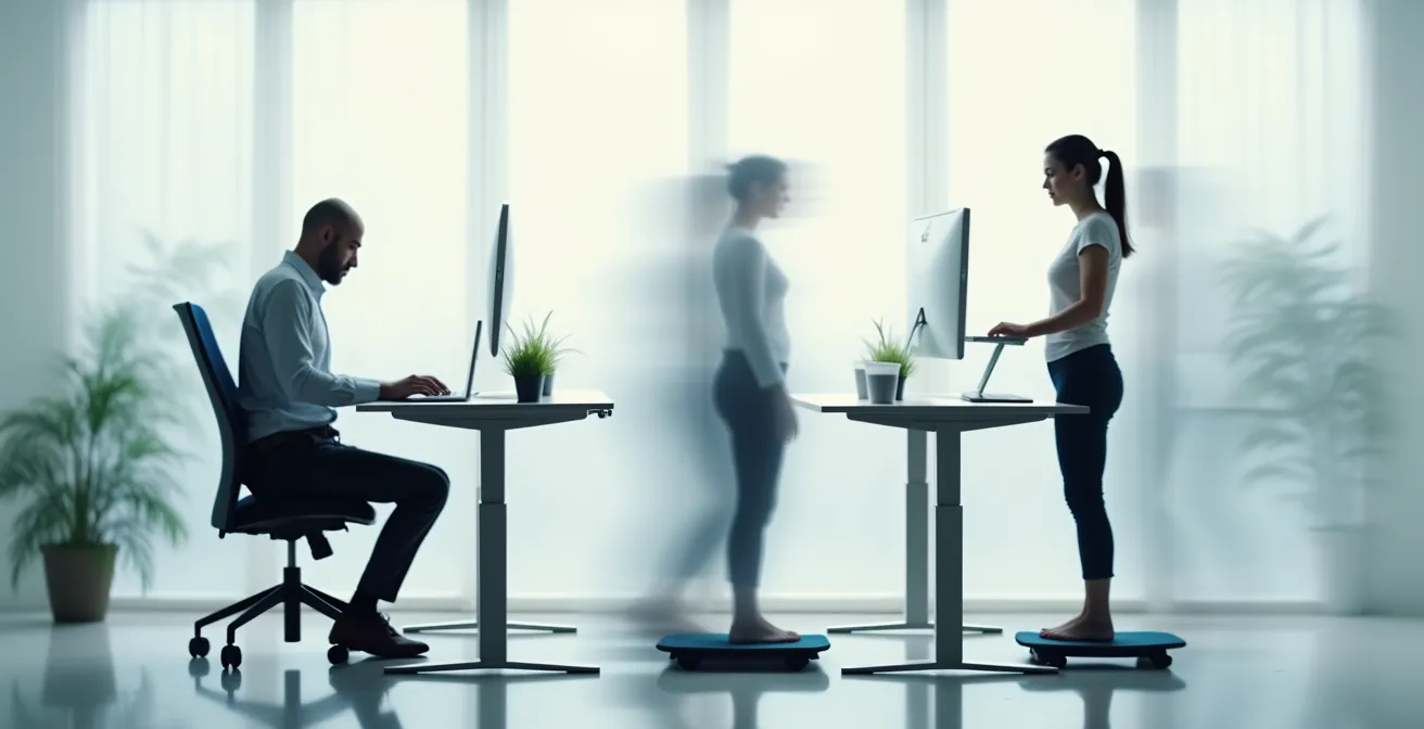 Multiple working positions showing sitting, standing, and perching at adjustable desk