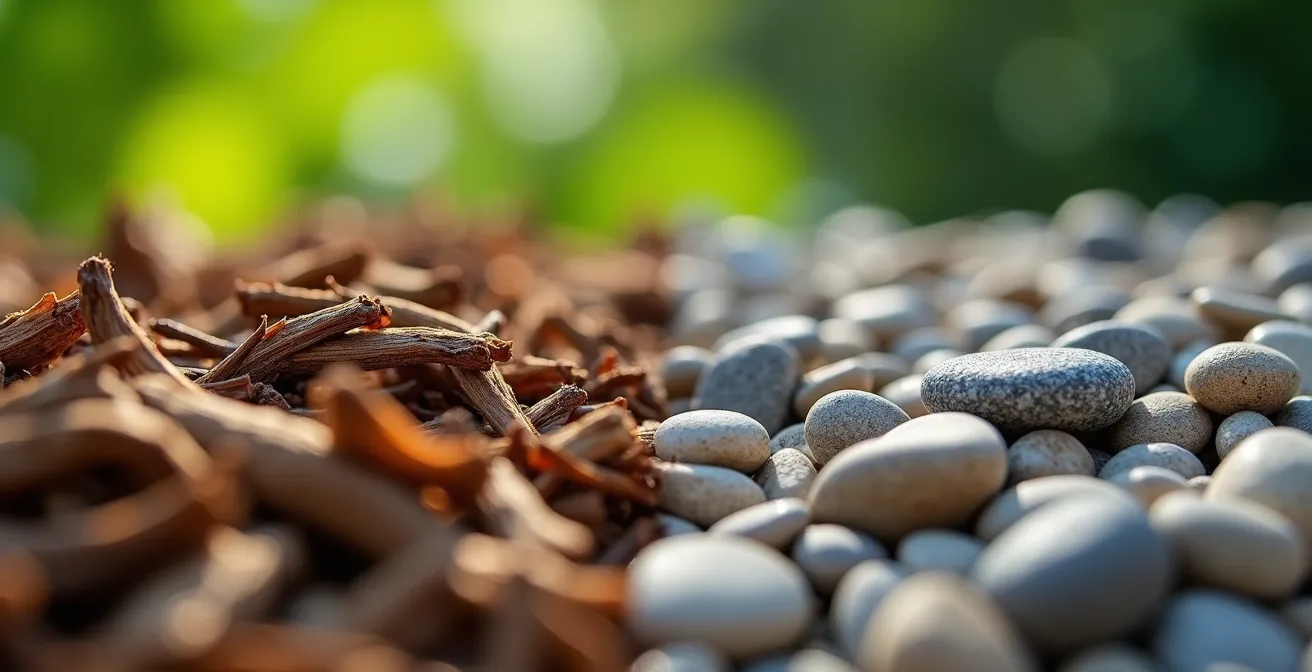 Split comparison of shredded hardwood mulch and decorative gravel in landscaped beds