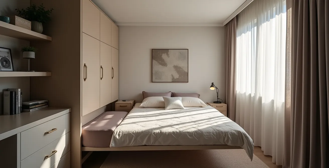 Murphy bed folding down from wall cabinet in modern studio apartment