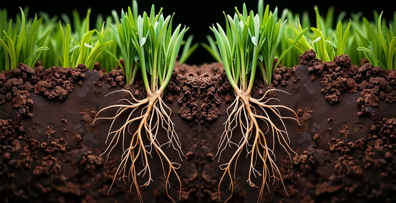 Cross-section view comparing deep root systems of native plants versus shallow lawn roots