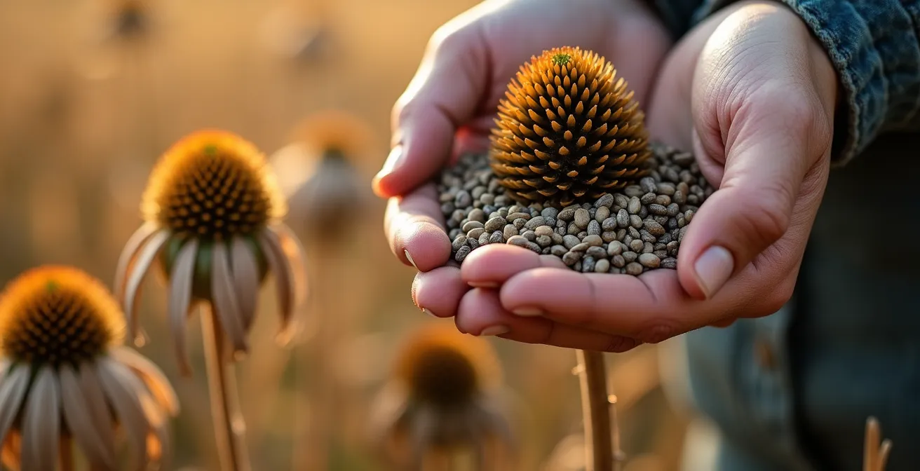 Extreme close-up of hands collecting mature wildflower seeds showing natural textures and seed dispersal mechanisms