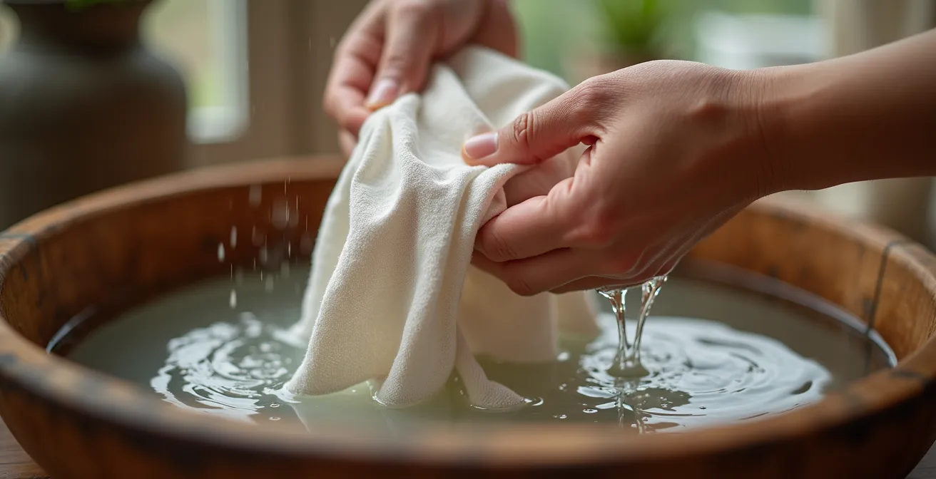 Hands gently washing organic linen fabric in wooden basin with natural light