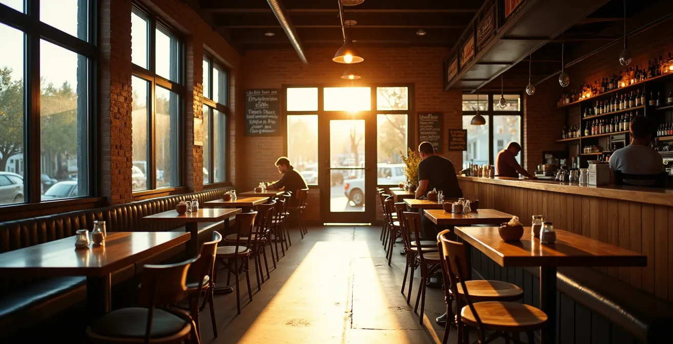 Cozy local restaurant during the quiet shoulder hours, with a relaxed and authentic ambiance.