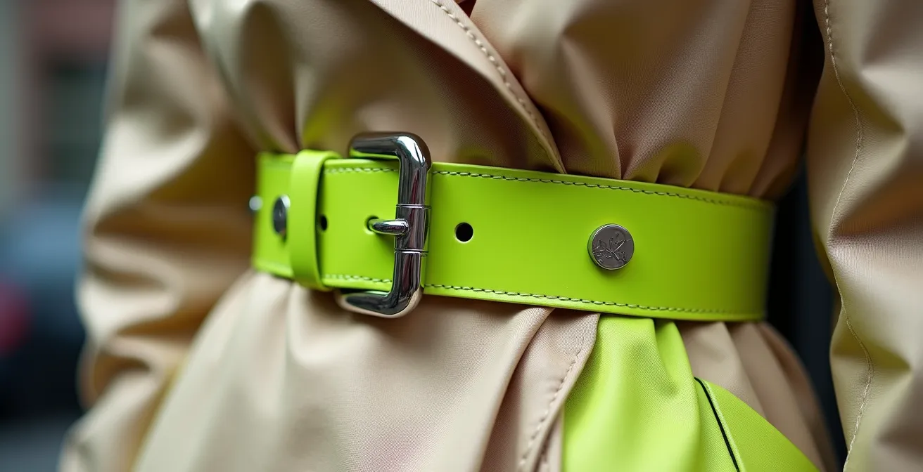 Close-up of a beige trench coat cinched with a glossy neon green patent leather belt showing texture contrast