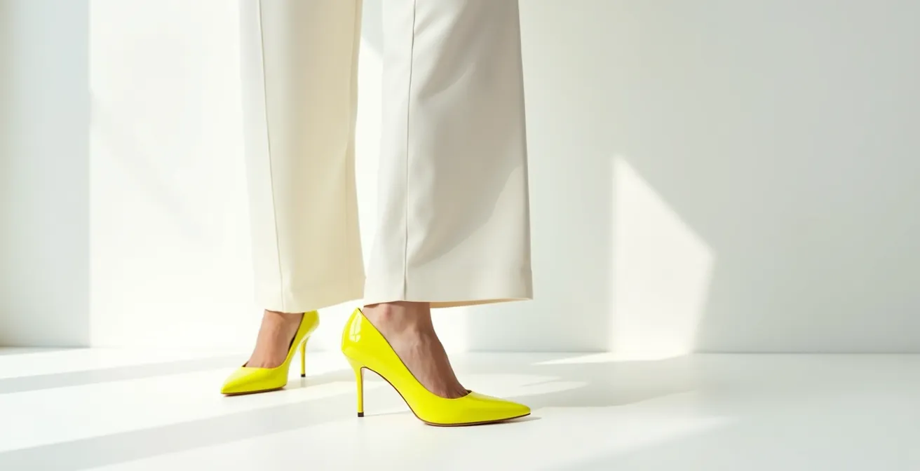 Wide shot of pale-skinned person in all-white outfit with vibrant neon yellow pointed-toe heels