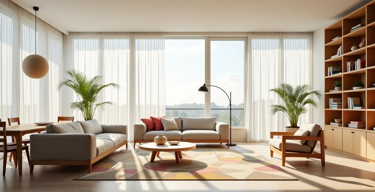 Open living space with multiple zones defined by lighting and furniture placement