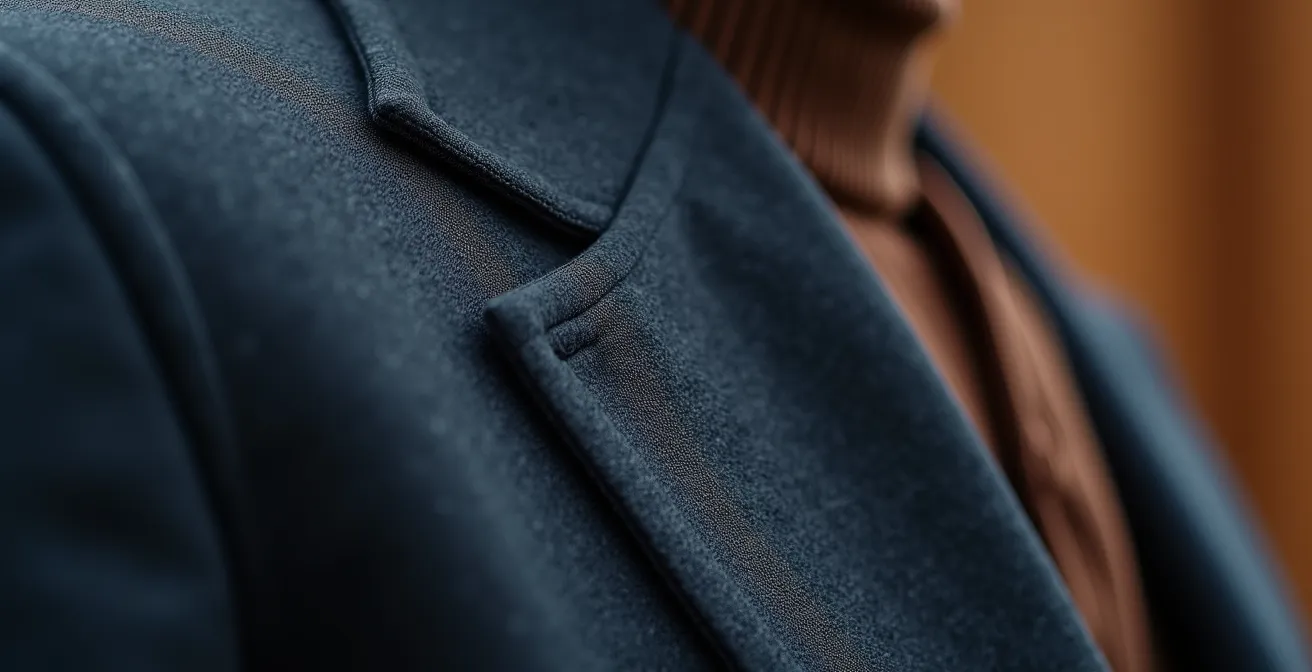 Close-up of proper shoulder seam placement on oversized blazer