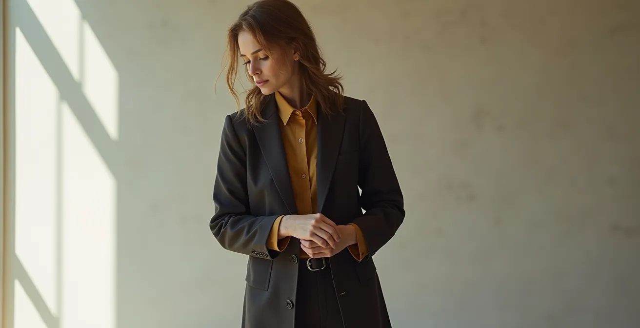 Person demonstrating oversized styling with strategic silhouette definition points