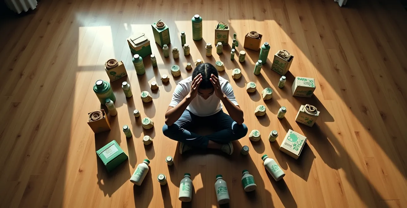 Person surrounded by numerous eco-labeled products showing decision fatigue