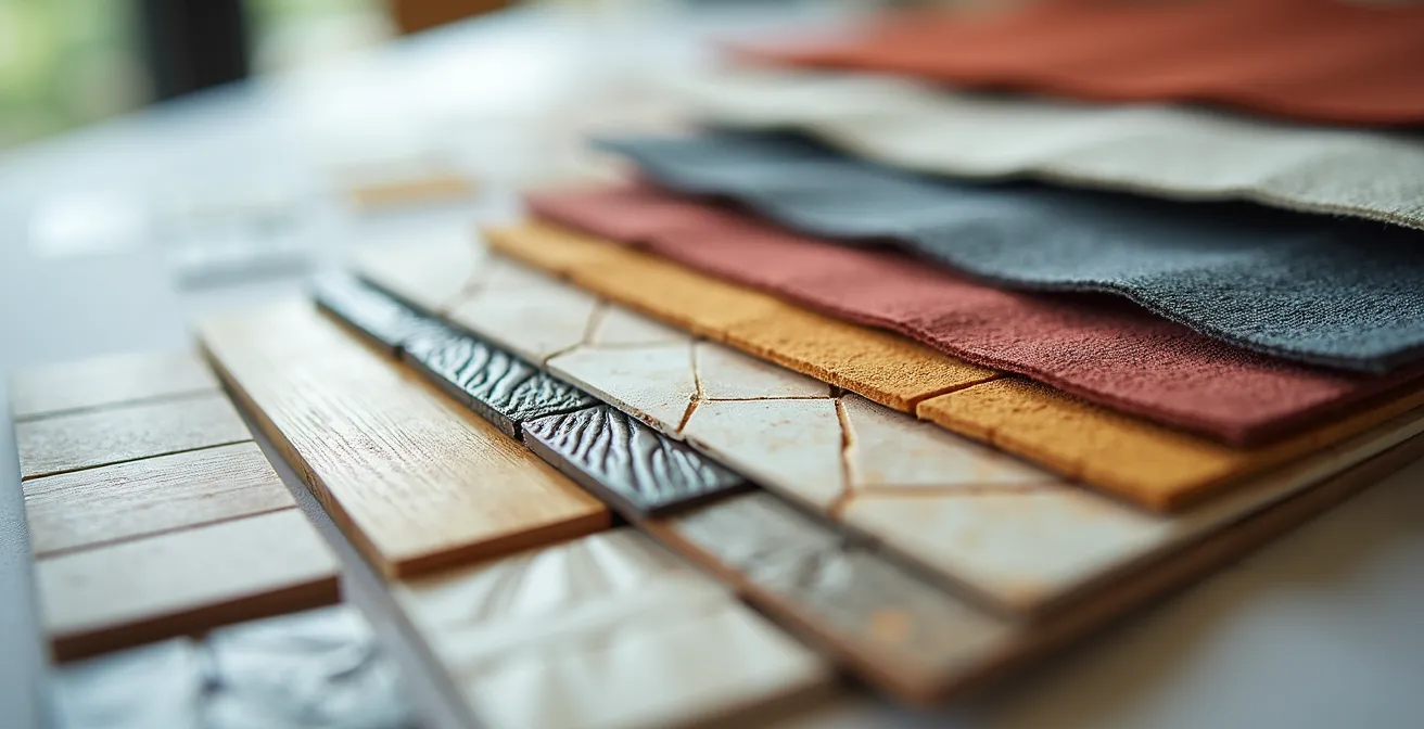 Designer's workspace showing the transition from a digital Pinterest mood board to a physical materials tray with fabric, wood, and tile samples.